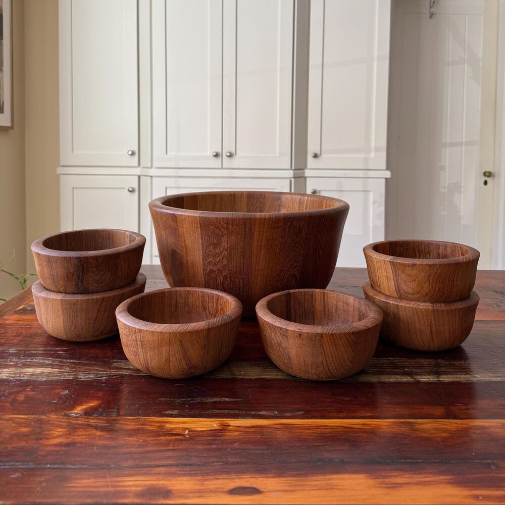 Vintage Dansk Quistgaard IHQ Teak Salad Bowl & Six Serving Bowls - Set of 7